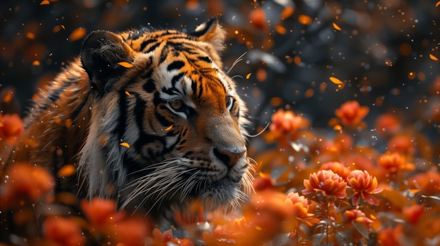 Majestic Tiger with Flowers