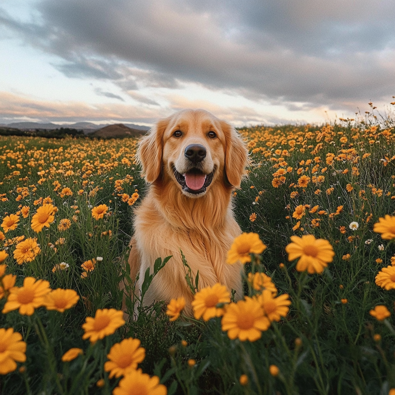 Golden Retriever in Flower Field