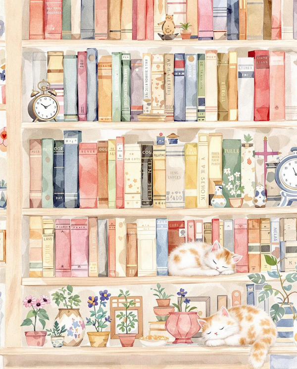 Cozy Bookshelf Cats