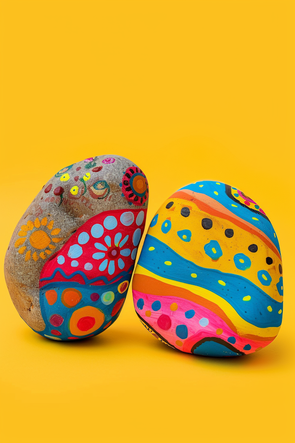 Vibrantly Painted Rocks on Yellow Background