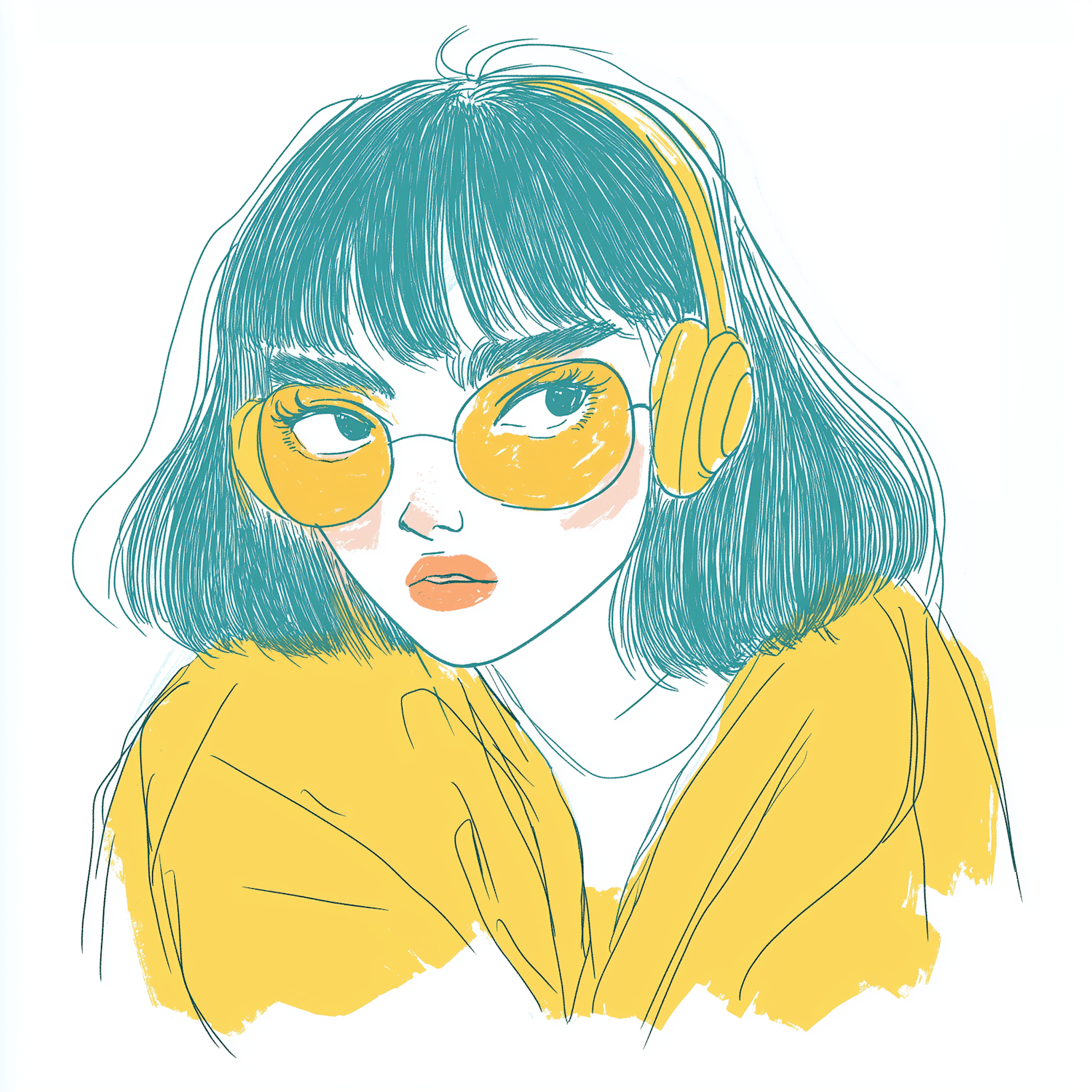 Stylized Illustration of a Person with Teal Hair and Yellow Headphones