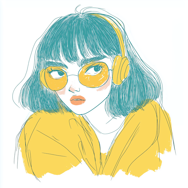 Stylized Illustration of a Person with Teal Hair and Yellow Headphones