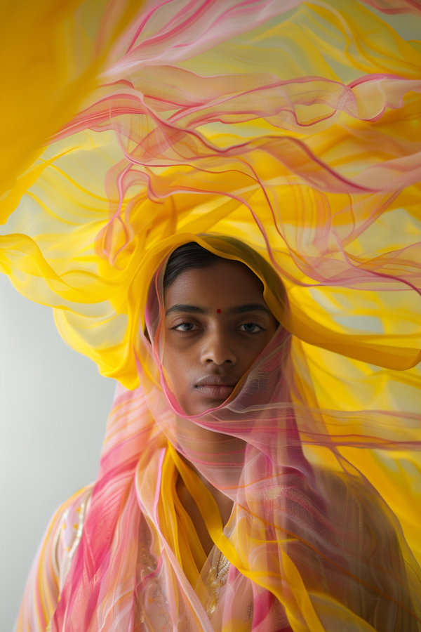 Serene Portrait with Colorful Fabric