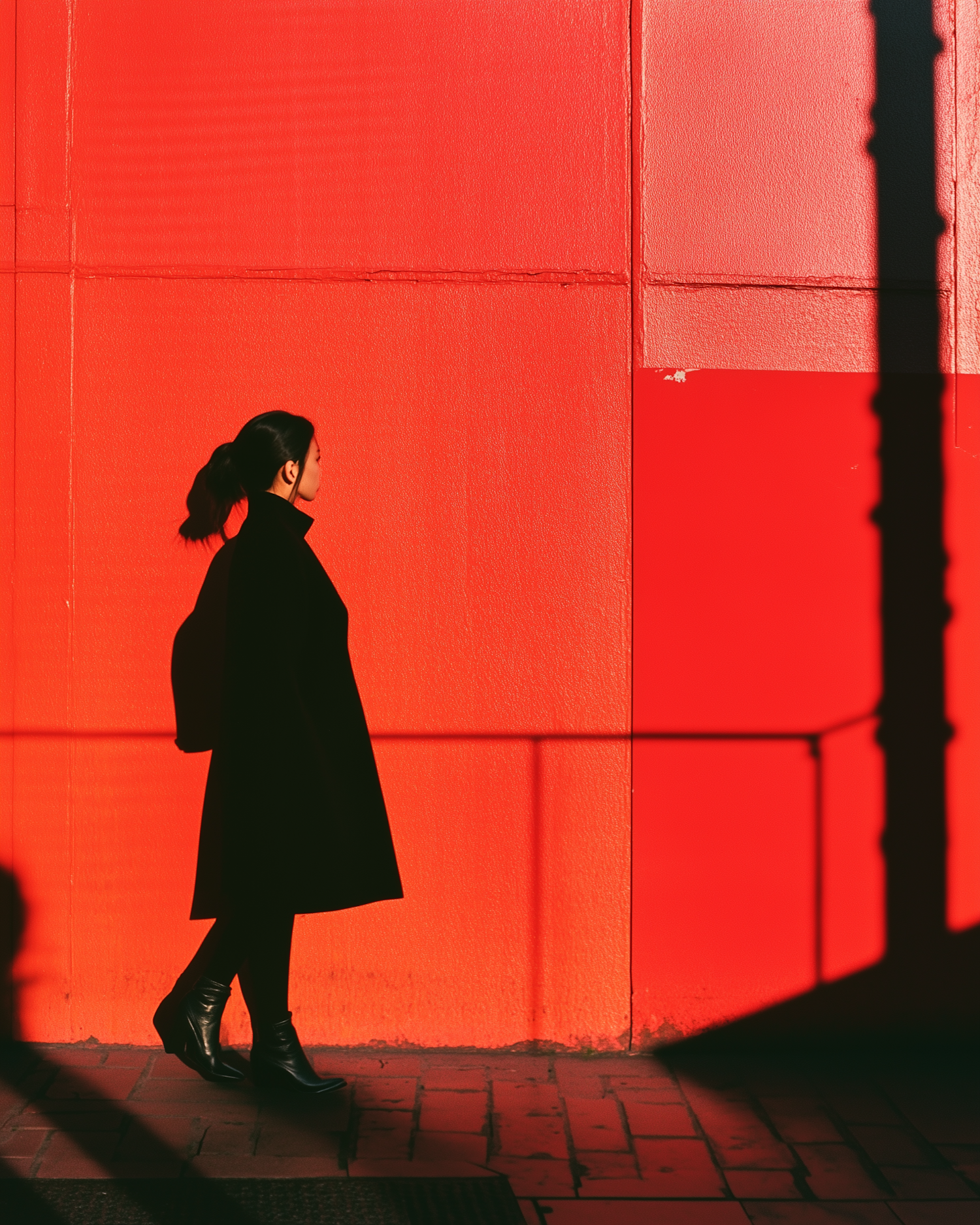 Person Walking Along Red Wall