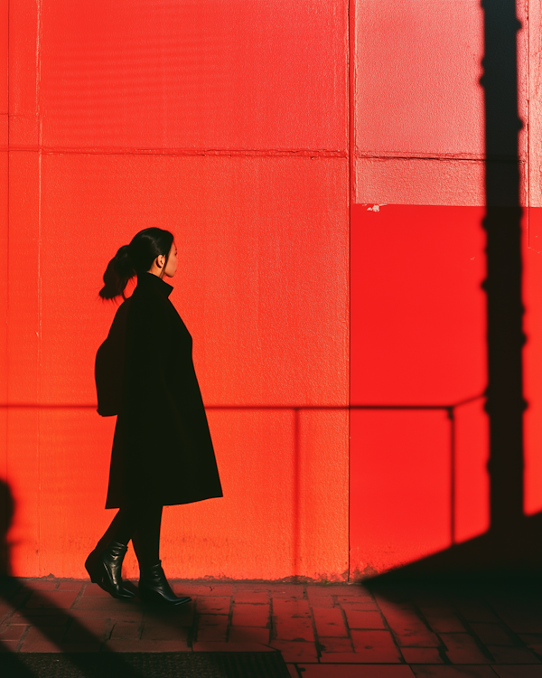 Person Walking Along Red Wall