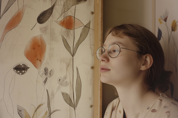 Contemplative Young Woman with Botanical Background