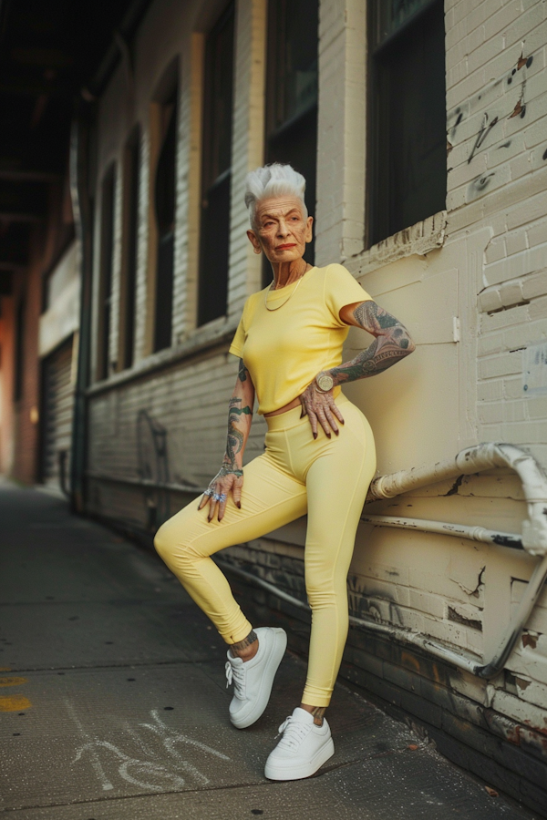 Elderly Woman with Tattoos in Urban Setting