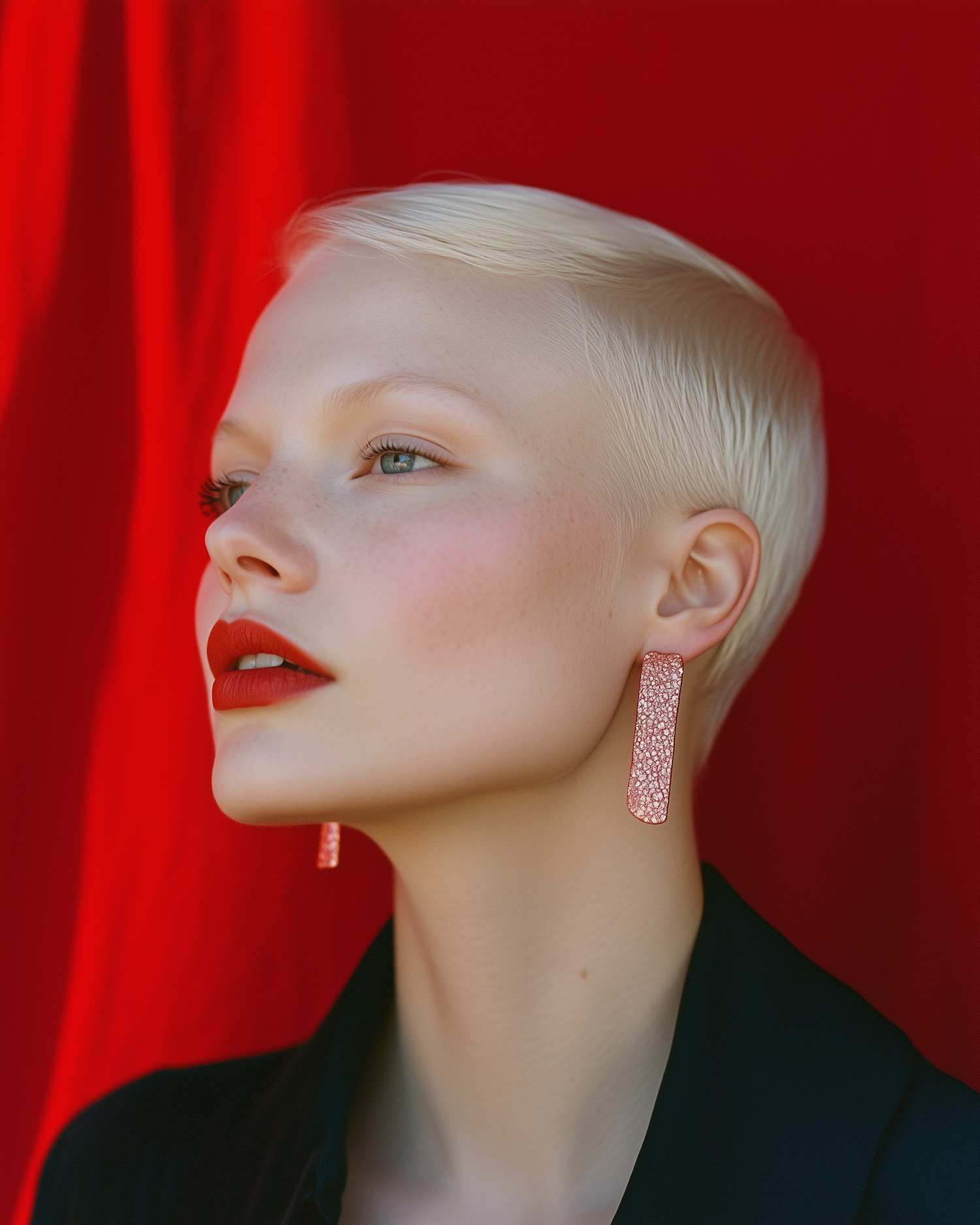 Serene Portrait with Red Background