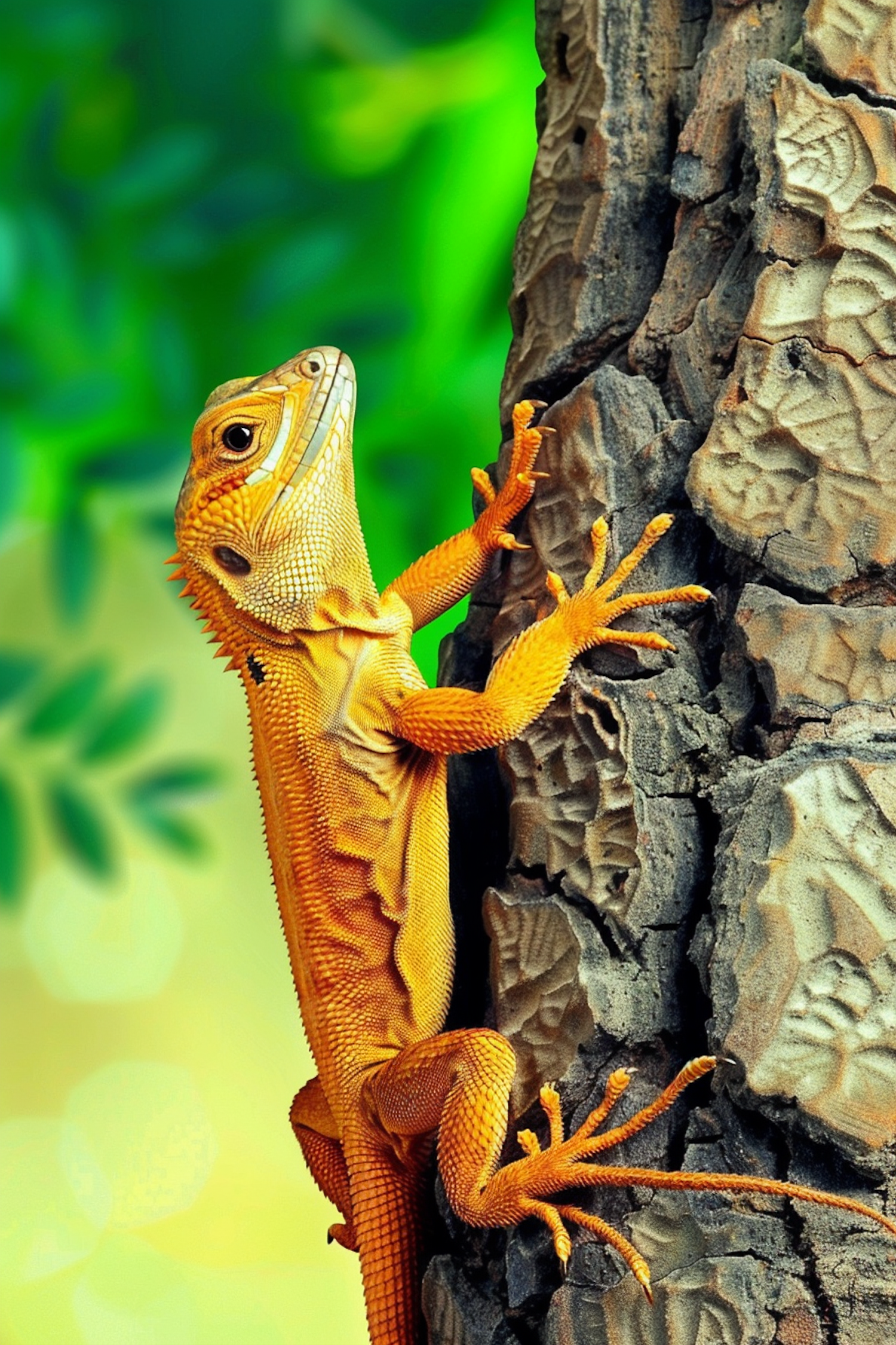 Vibrant Orange Lizard on Tree Bark