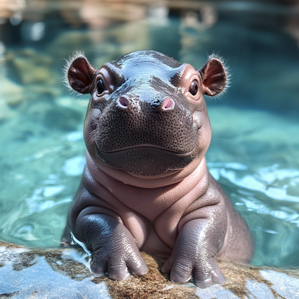 Baby Hippopotamus Emerging from Water