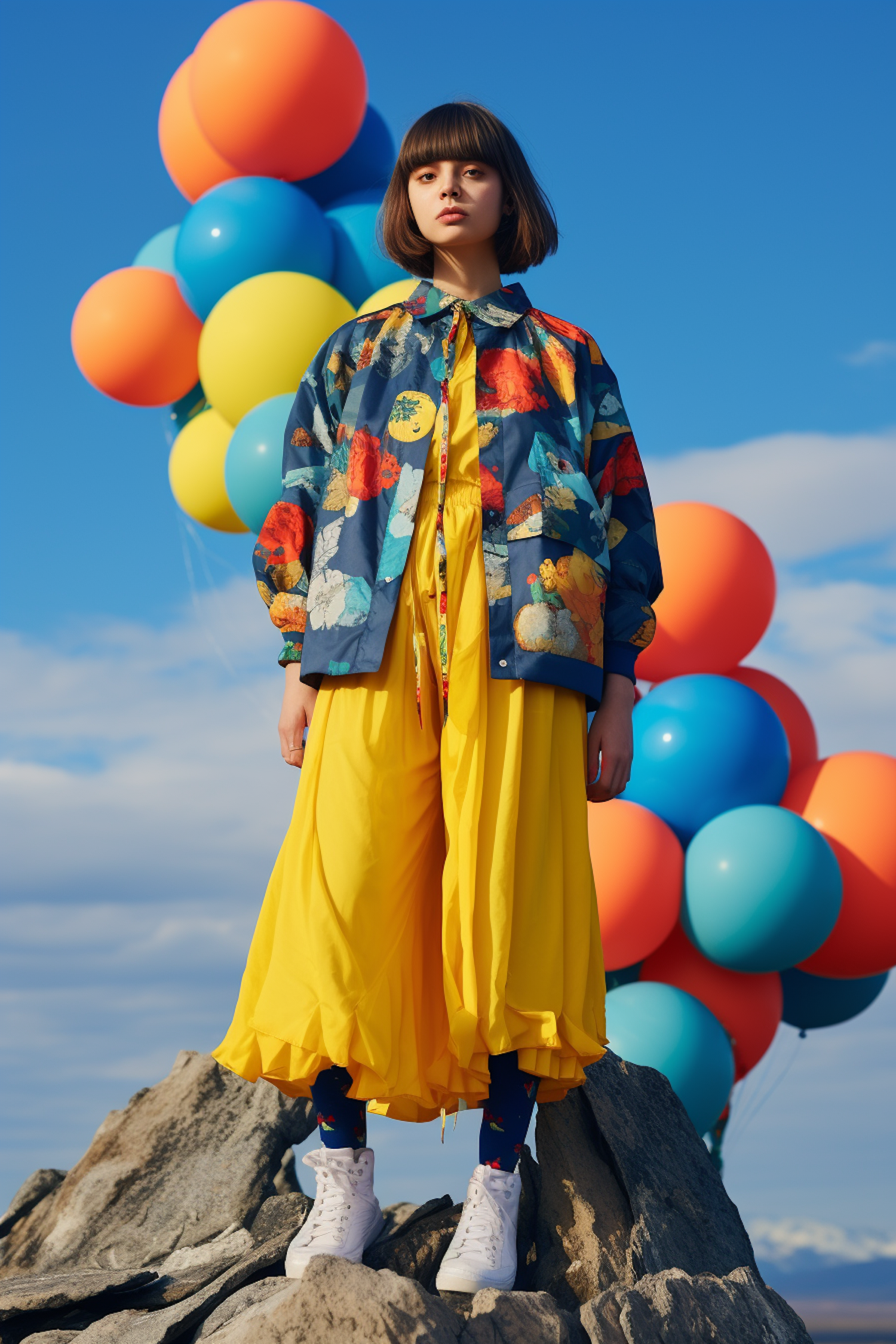 Vibrant Serenity - A Young Woman with Balloons Against the Blue Sky