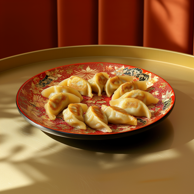 Pan-Seared Dumplings on Decorated Plate