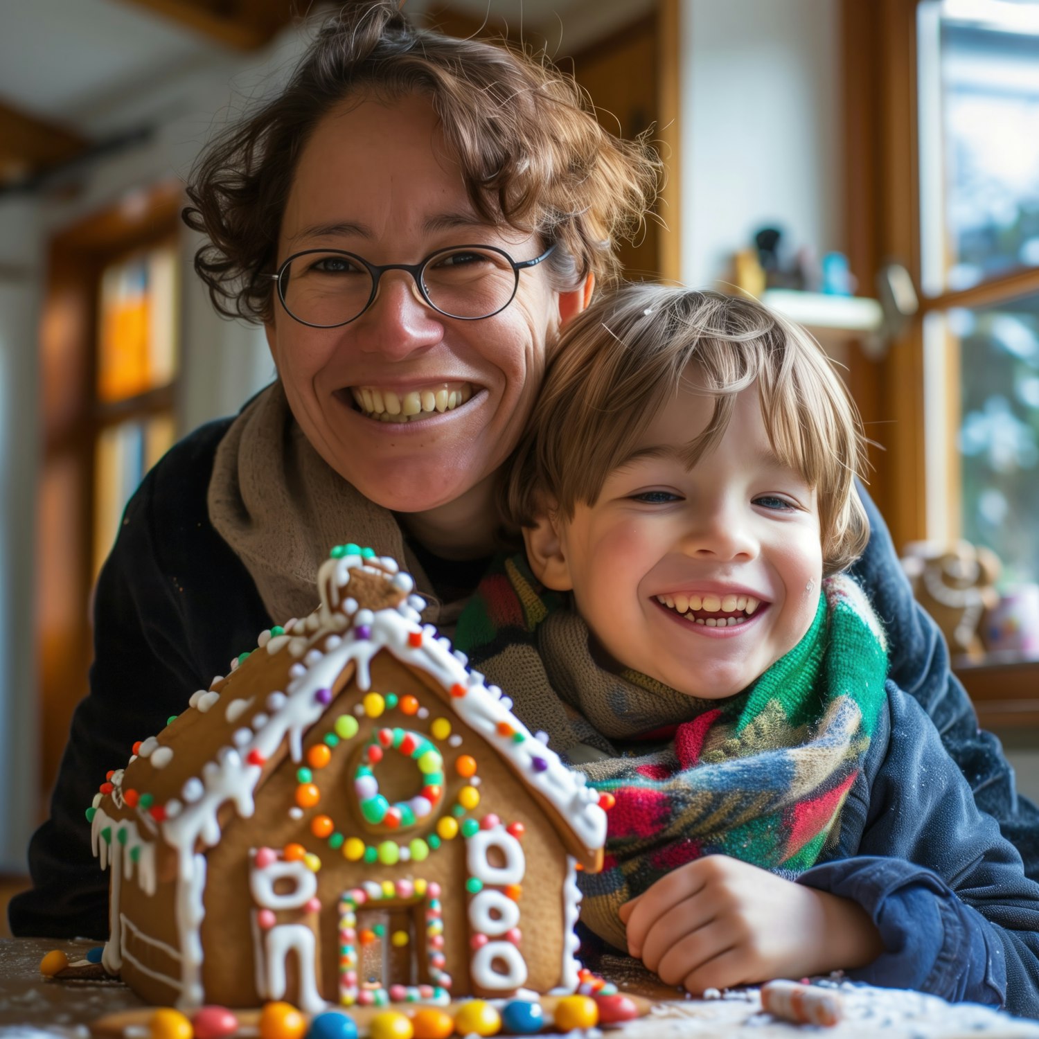 Smiling Adult and Child with Gingerbread House