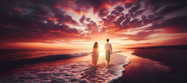 Couple Walking on Beach at Sunset