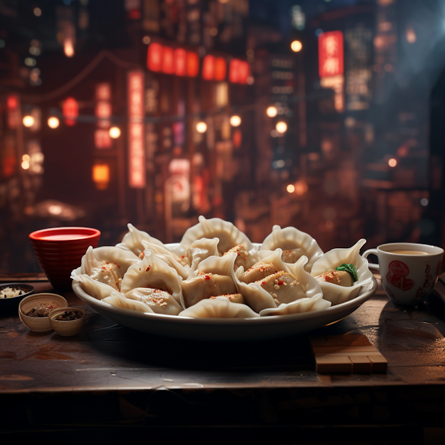 Garnished Chinese Dumplings with Condiments on a Lively City Night