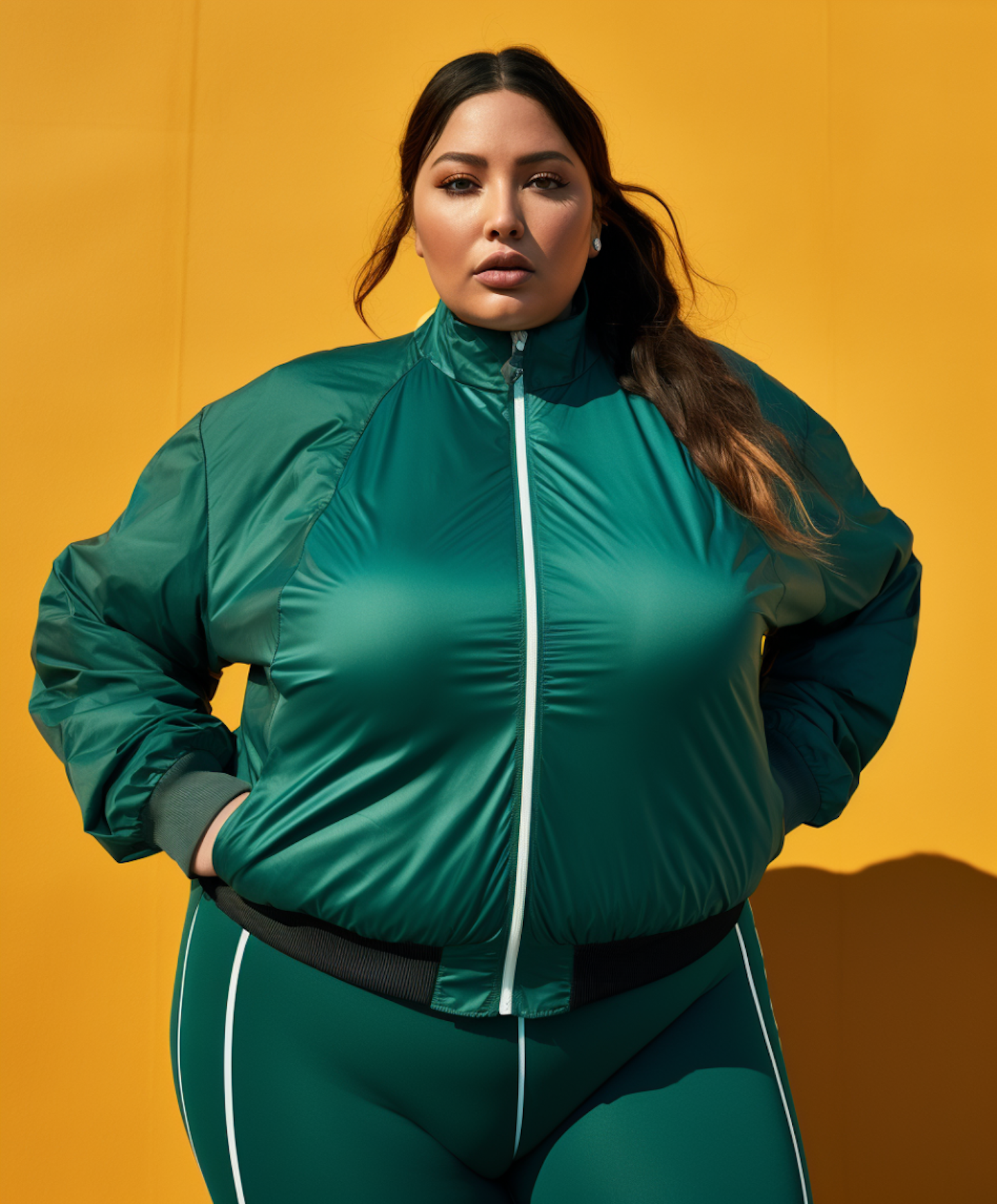 Confident Woman in Teal Tracksuit against Yellow Backdrop