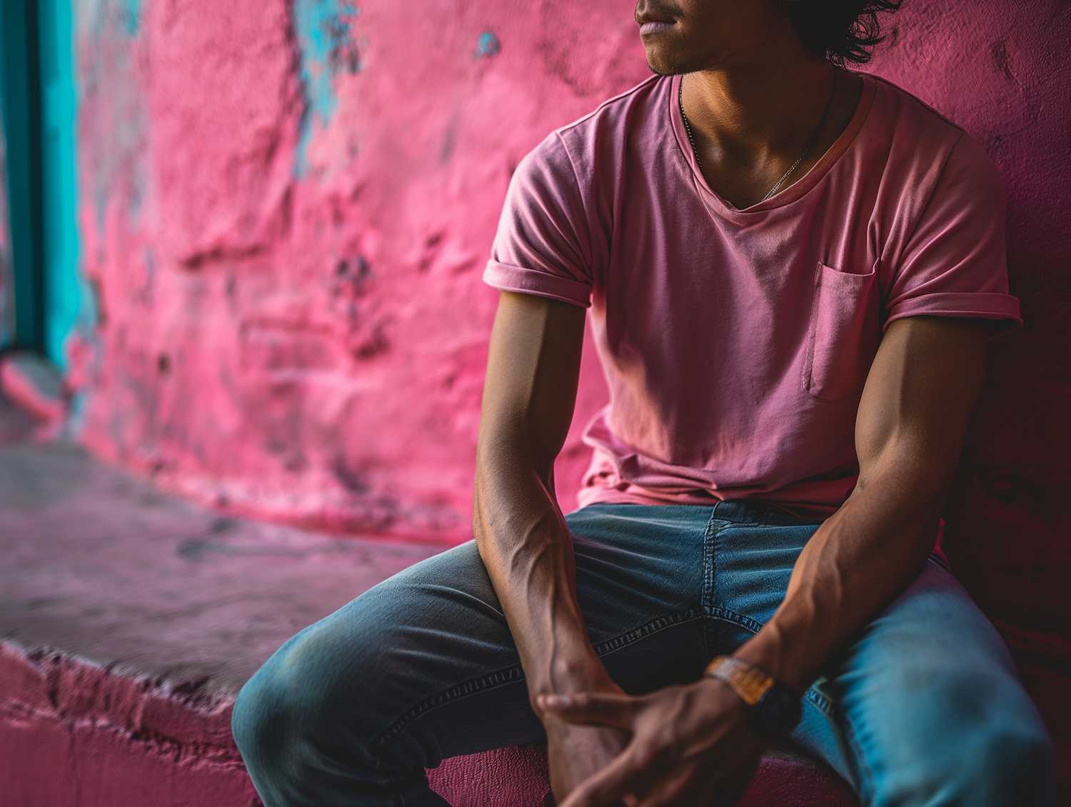 Urban Contemplation in Pink and Teal