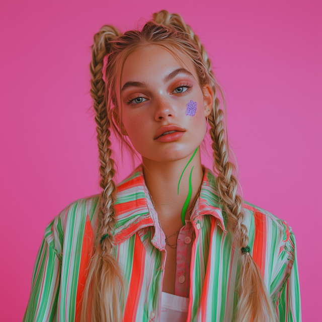 Young Woman with Braids and Flower Design