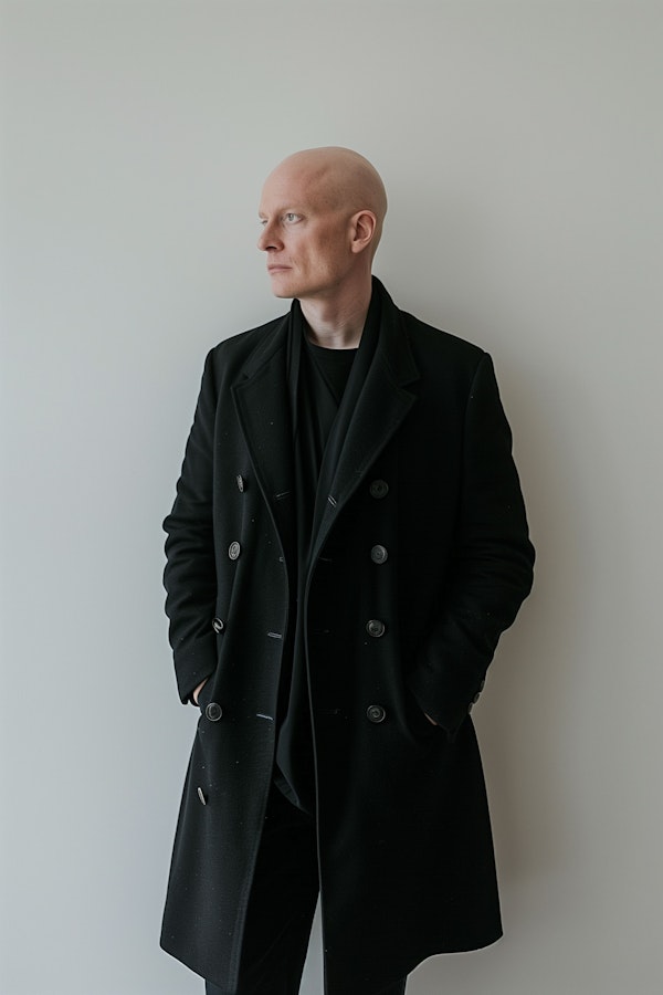 Contemplative Man in Black Overcoat