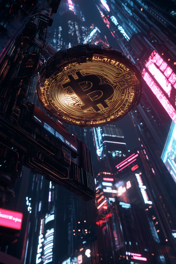 Futuristic Cityscape with Bitcoin Symbol