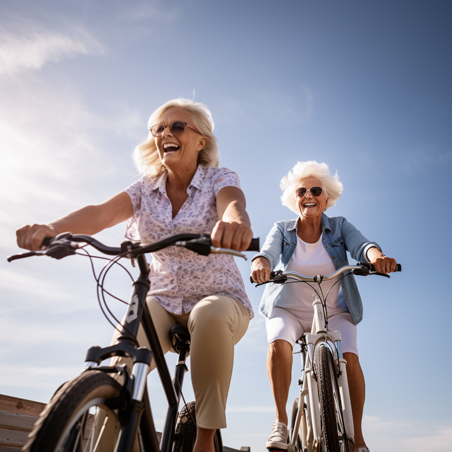 Golden Joyride: Senior Ladies Cycling under the Blue Sky