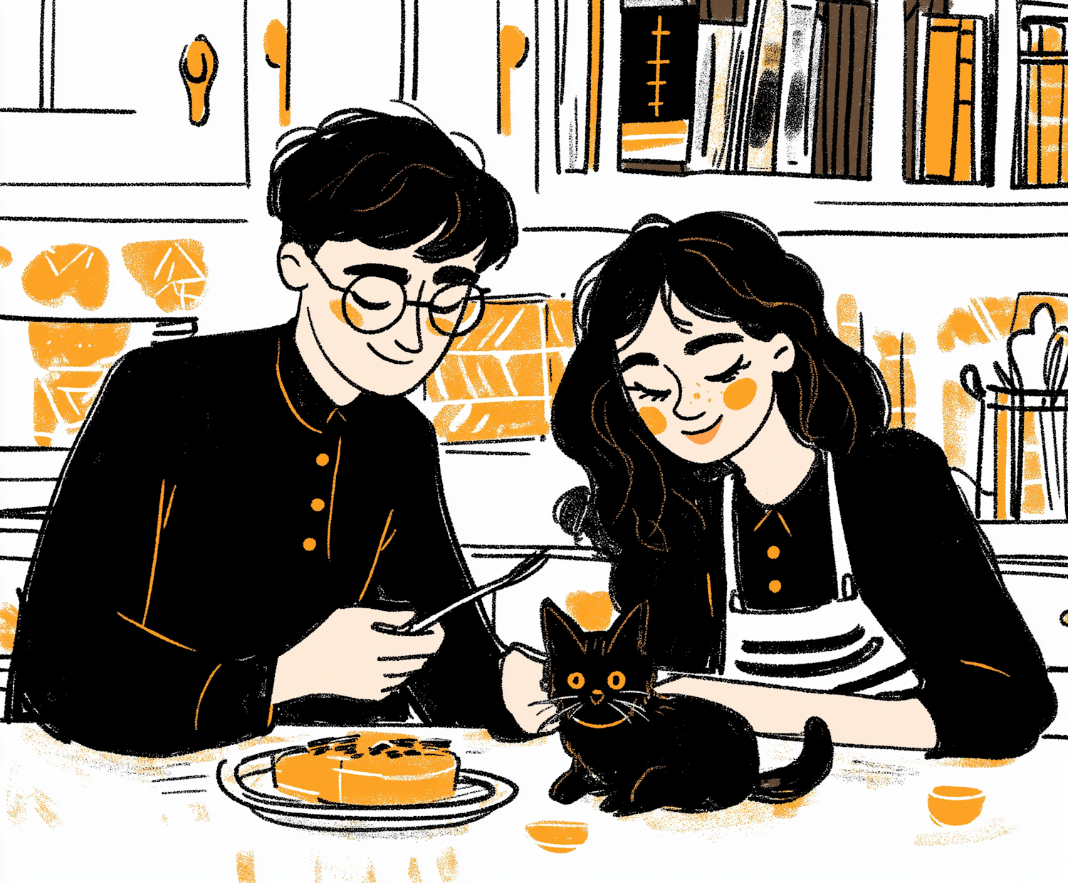 Cozy Kitchen Gathering with Pie and Cat