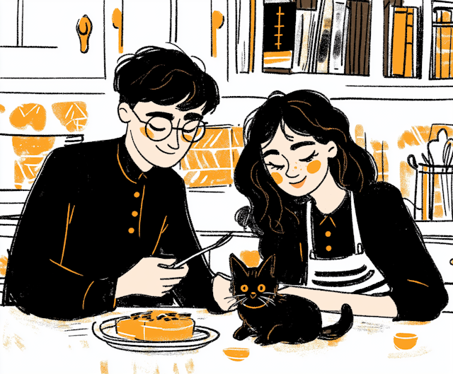 Cozy Kitchen Gathering with Pie and Cat