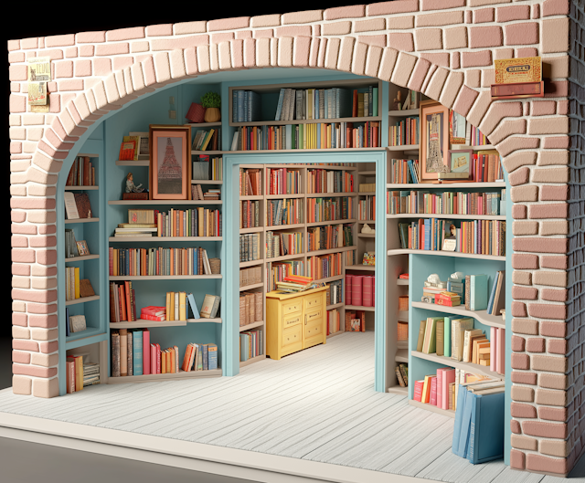 Arched Bookshelf Alcove with Pastel Bricks