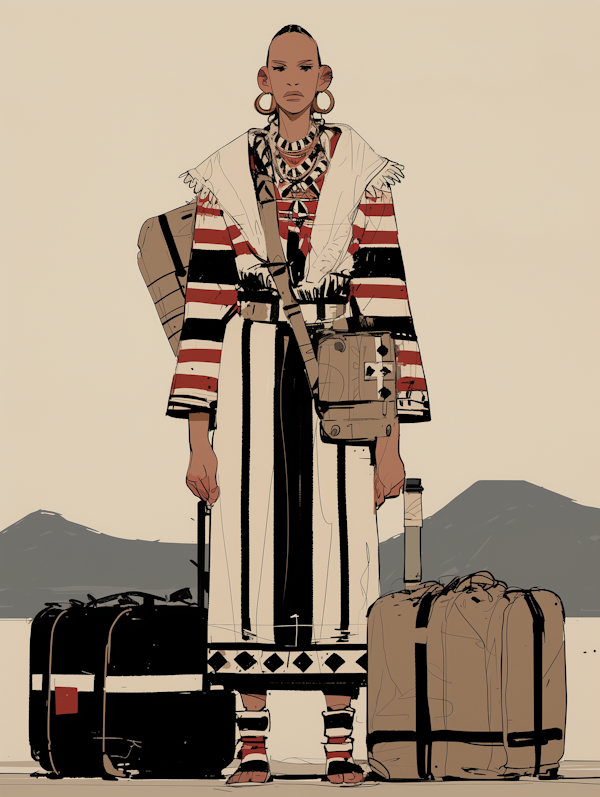 Person with Luggage in Striking Outfit