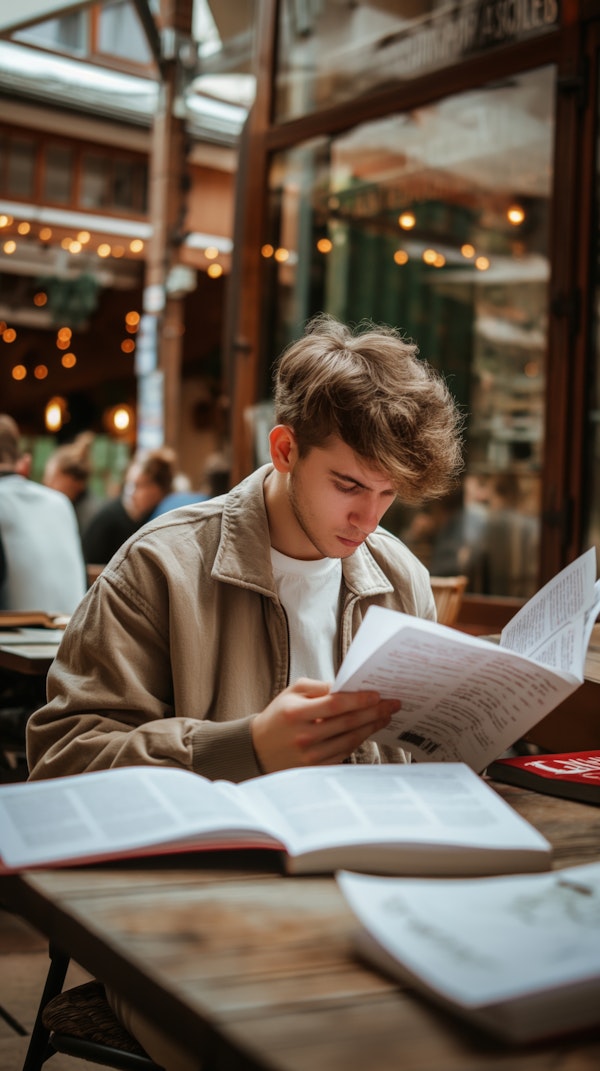 Young Man Reading at Outdoor Café