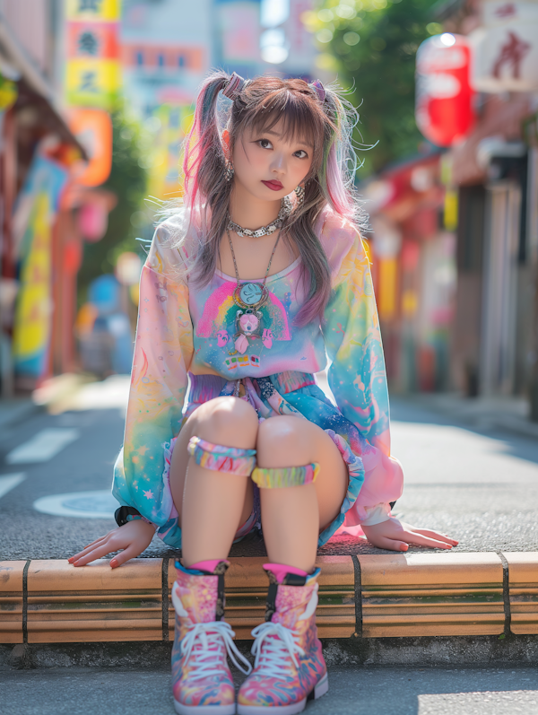 Contemplative Young Woman in Colorful Street Fashion