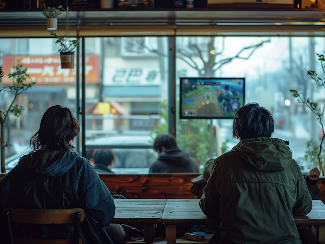 Two People Playing Video Game in Café