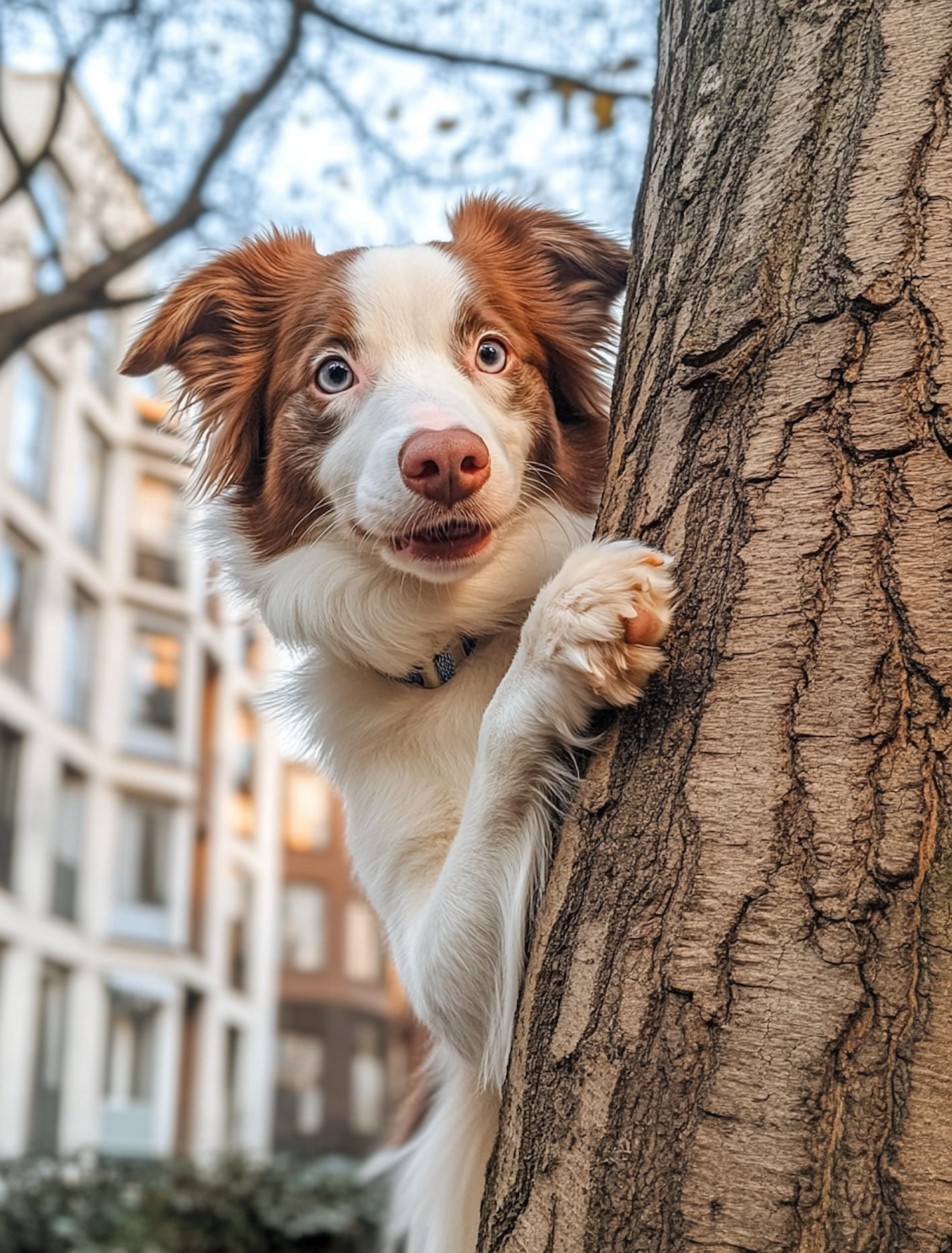 Playful Border Collie Hugging Tree