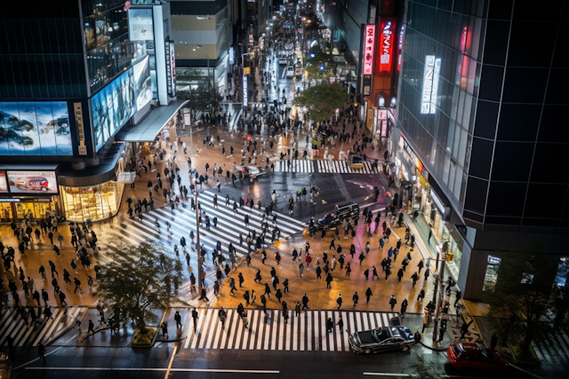 Vibrant Urban Tapestry: Nighttime at the Crowded Crosswalk