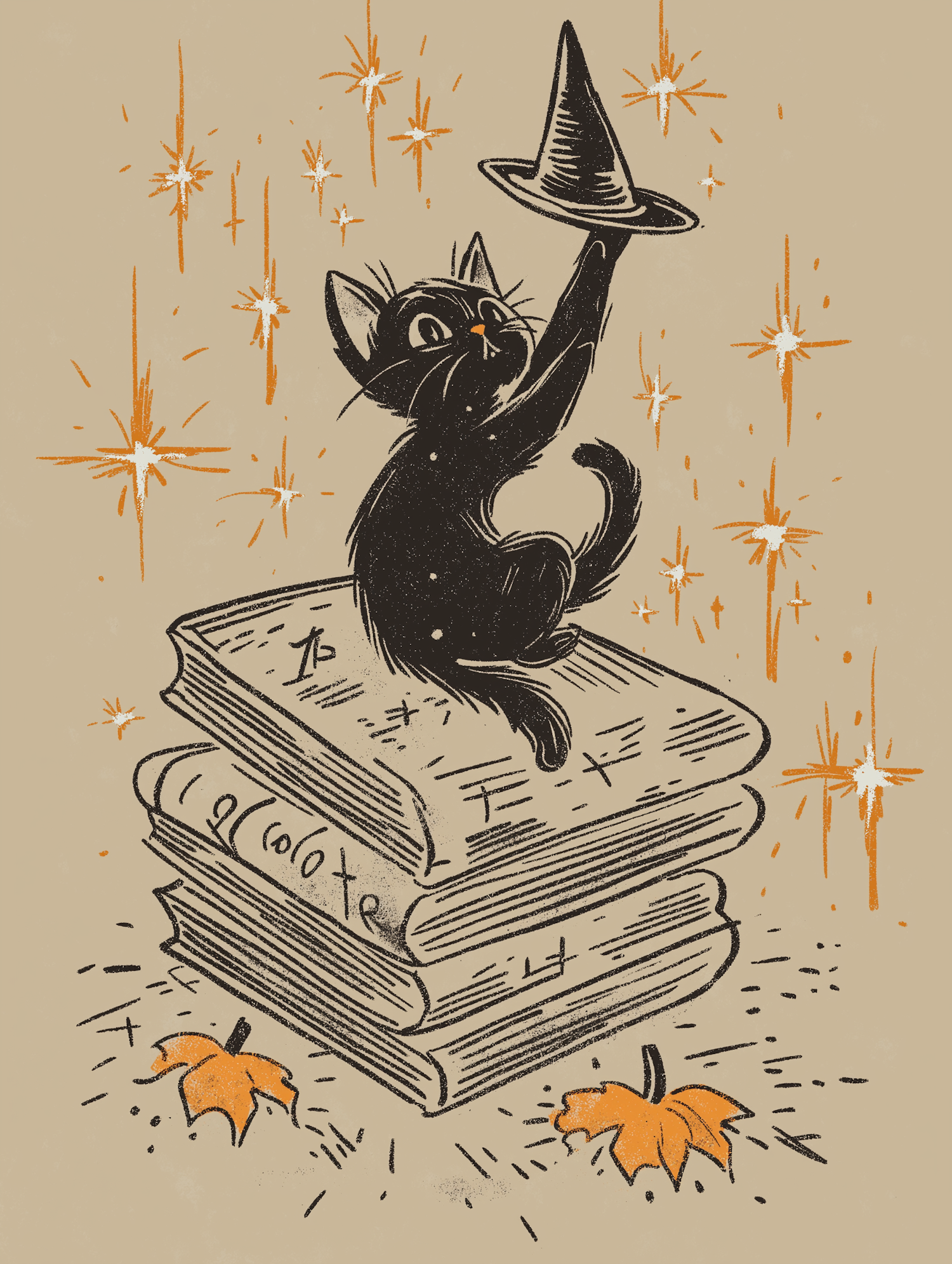 Whimsical Black Cat with Books