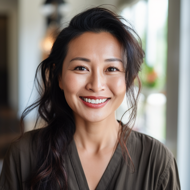 Warmly Radiant East Asian Woman with Olive-Green Top