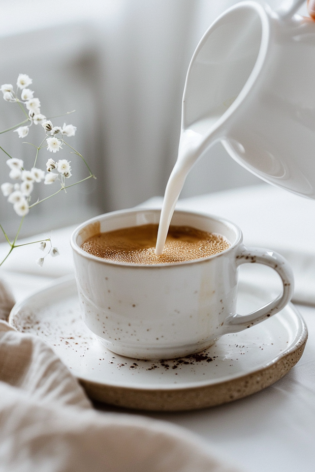 Calm Coffee Moment with Flowing Milk and Flowers