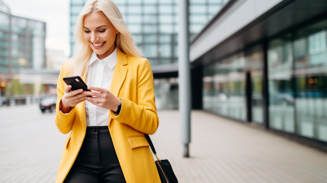 Chic Professional with a Yellow Blazer Engrossed in Her Smartphone