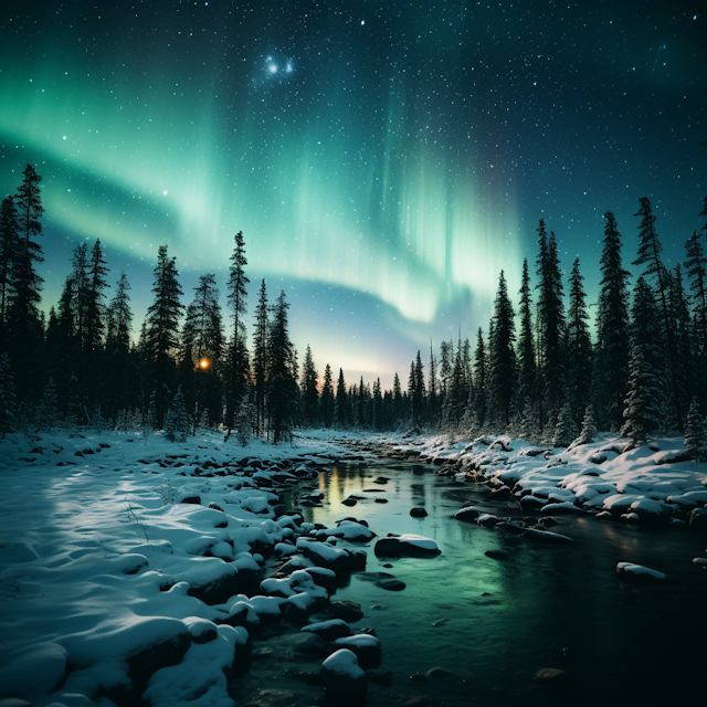 Aurora Over Serene Winter River