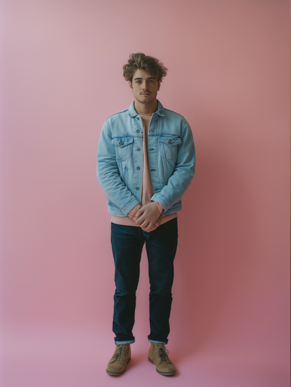 Young Man in Casual Outfit Against Pastel Background