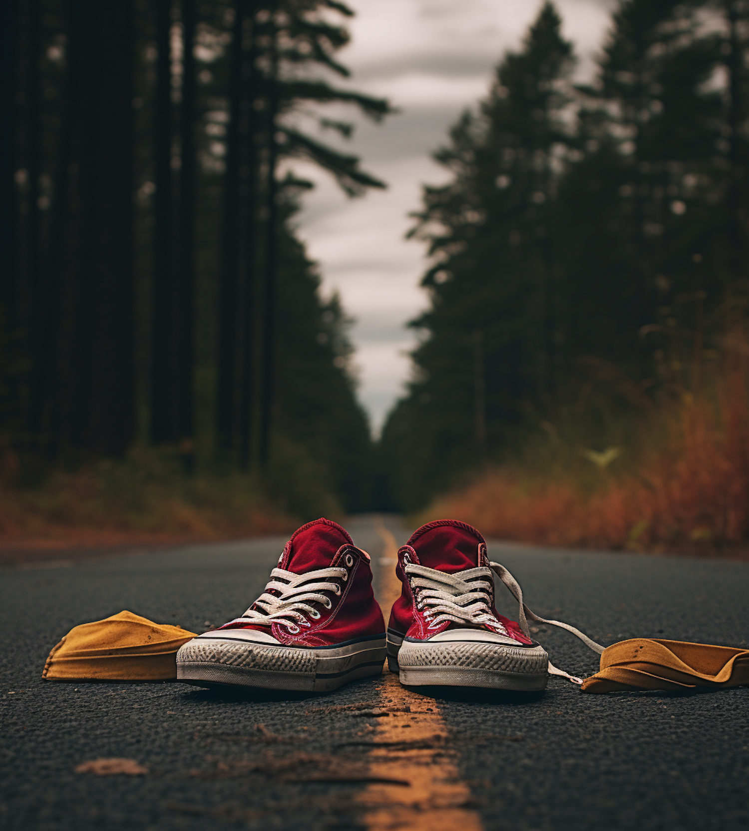 Solitary Journey: Red Sneakers on a Moody Forest Road