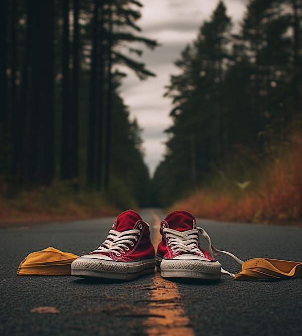 Solitary Journey: Red Sneakers on a Moody Forest Road