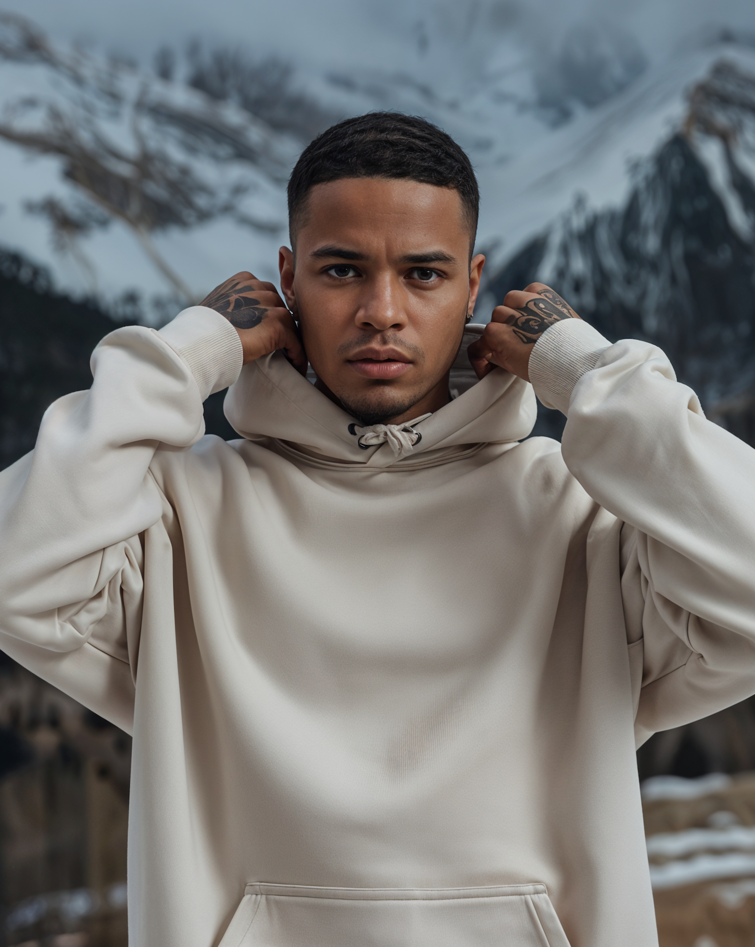 Person in Hoodie with Mountain Backdrop