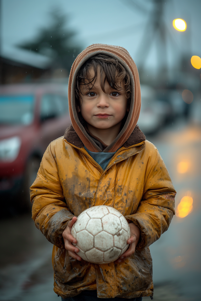 Boy with Soccer Ball in Rain