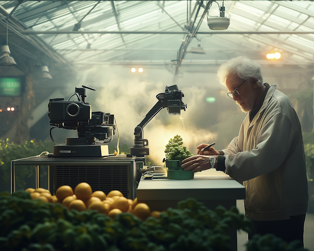 Elderly Man in Greenhouse