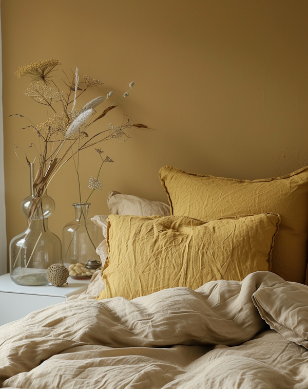 Cozy Bedroom with Linen Bedding and Decorative Vases