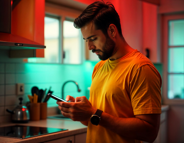 Man in Kitchen with Smartphone