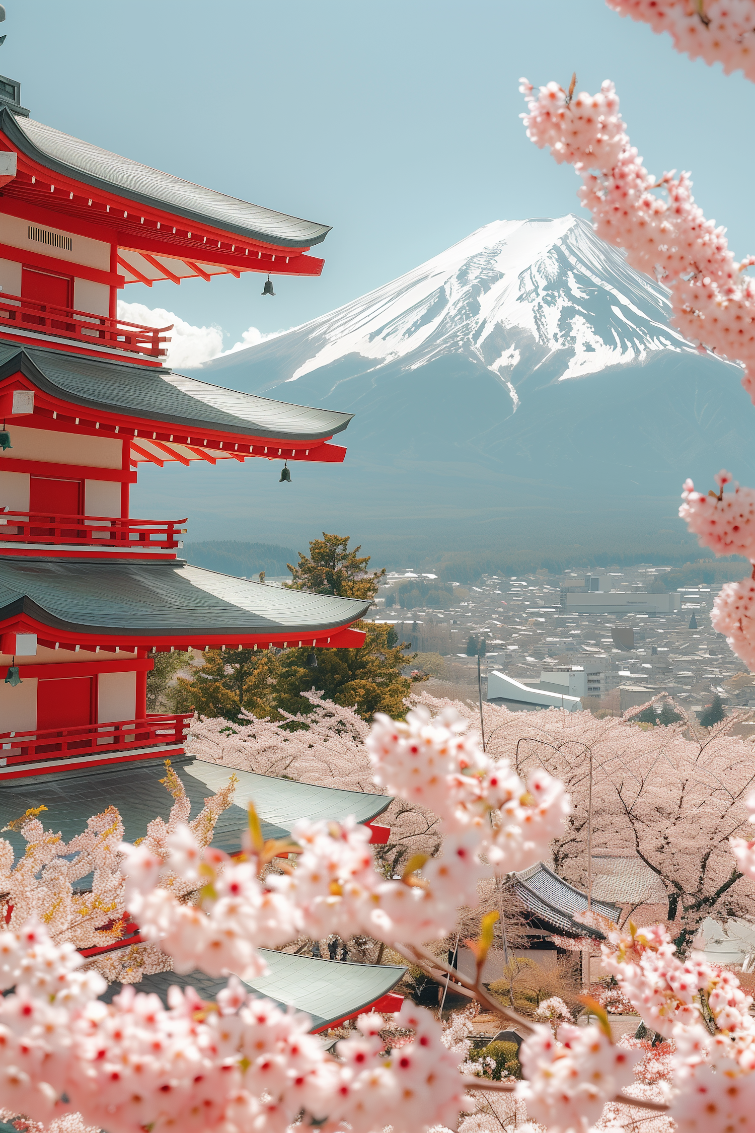 Traditional Red Pagoda and Mount Fuji