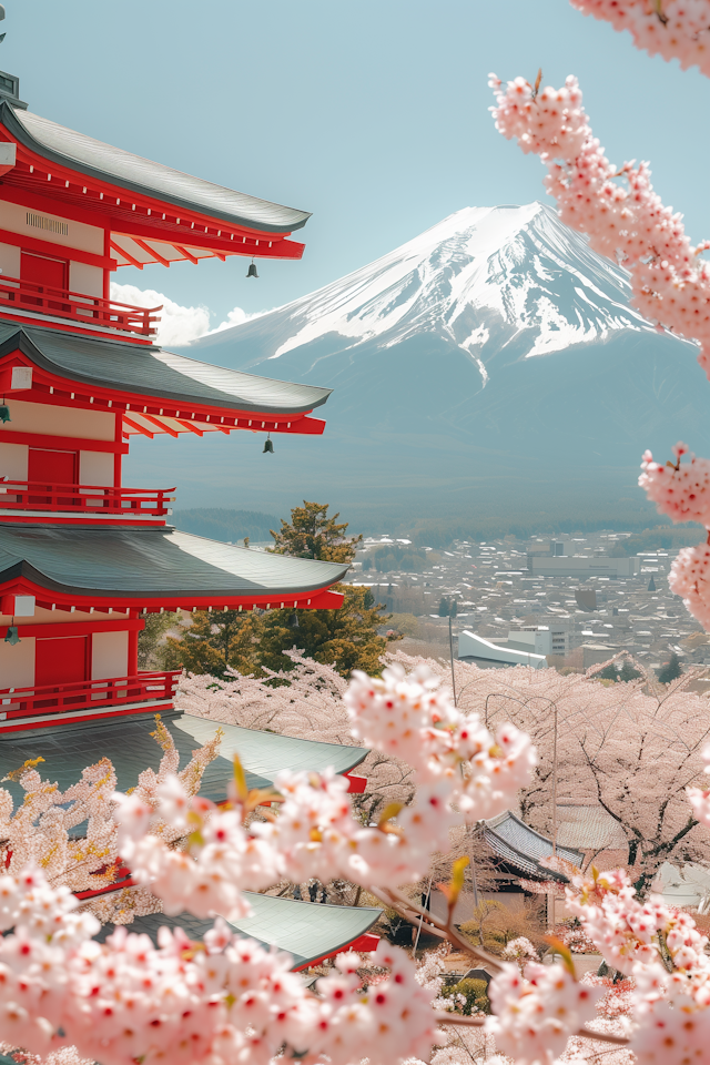 Traditional Red Pagoda and Mount Fuji