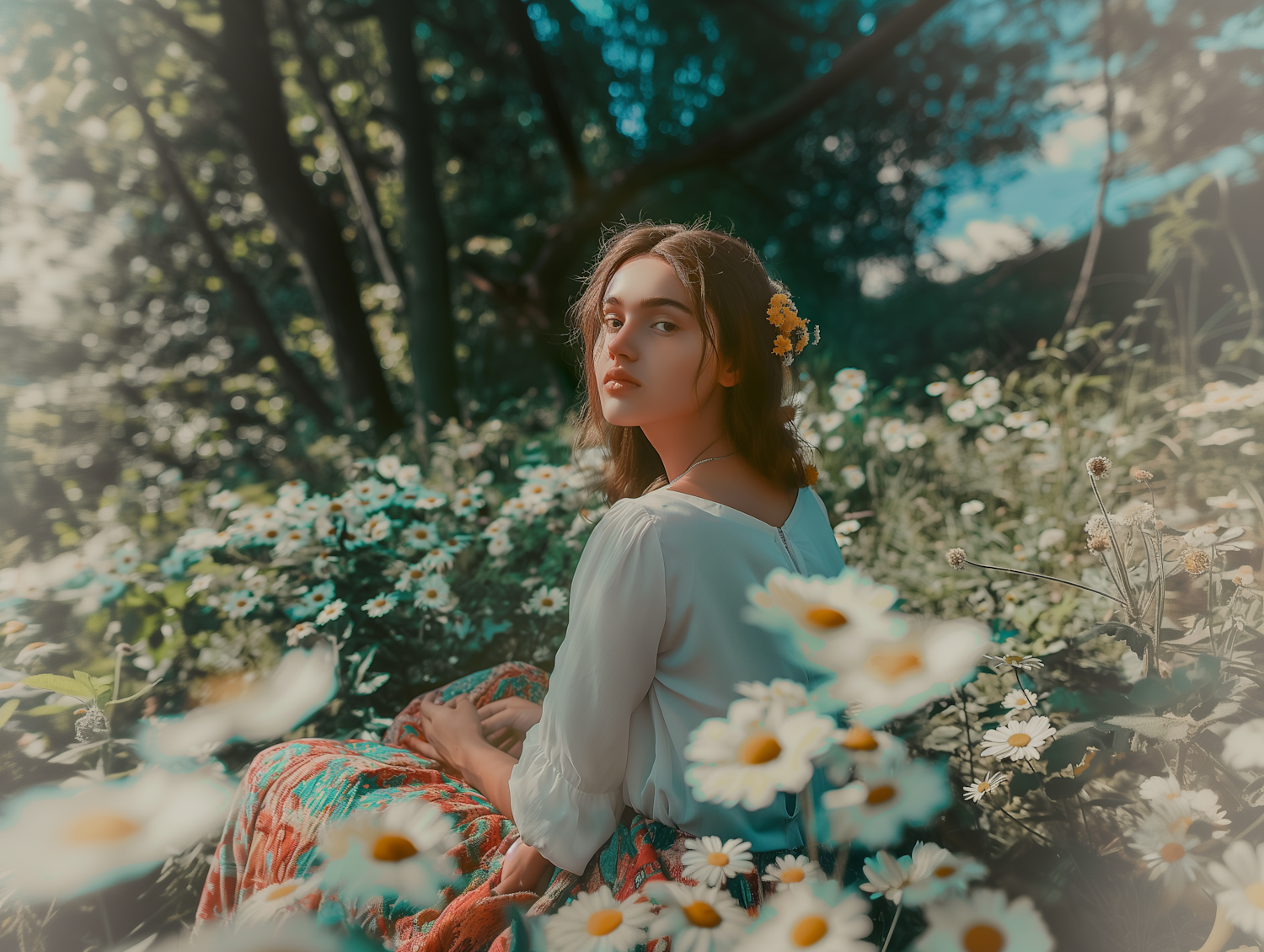 Tranquil Moment in Flower Field